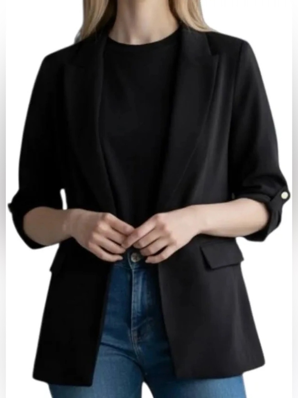 Zara Open Front Blazer with Rolled-Up Sleeves Black Size Small